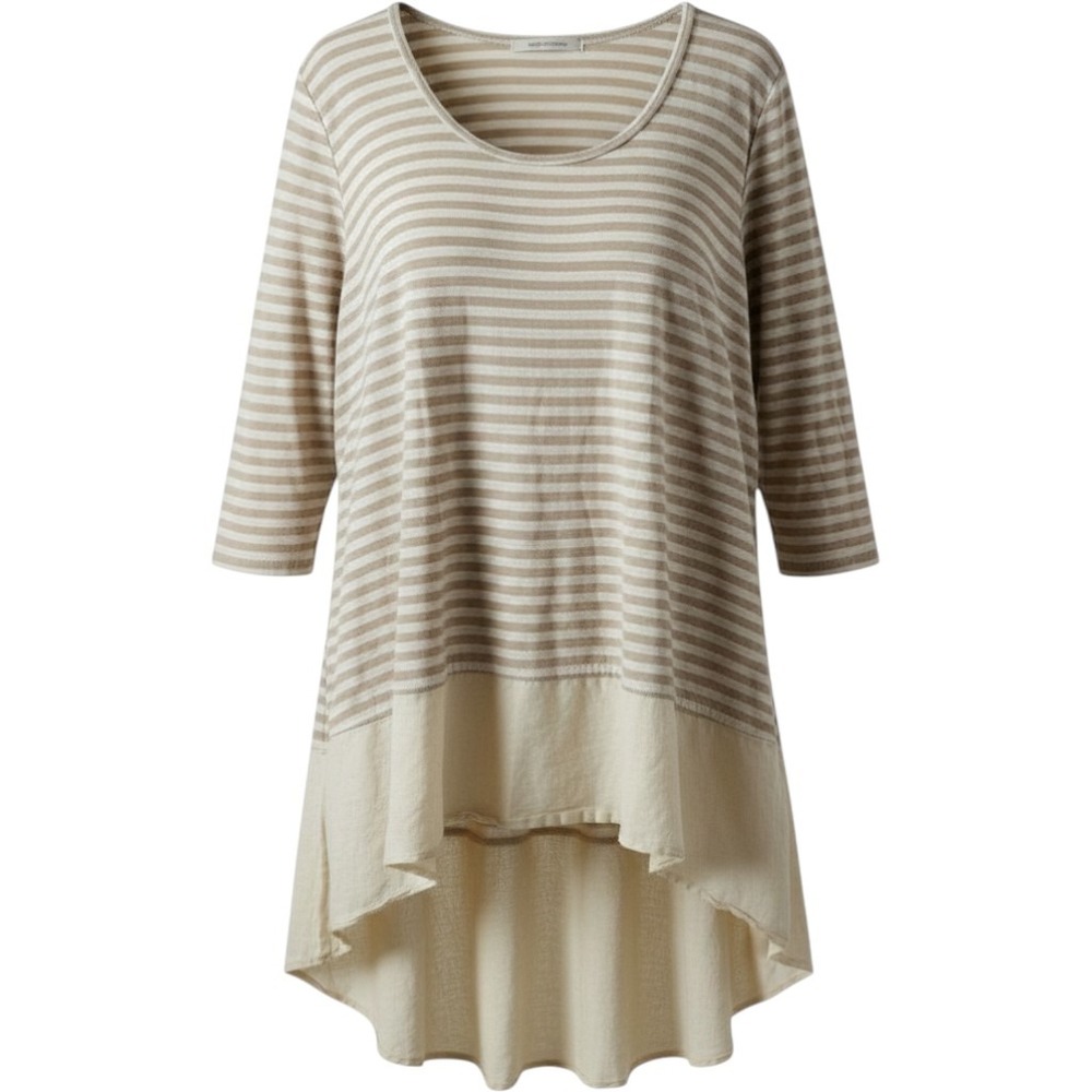 Cut Loose Striped Tunic Top XL Tan Cream Linen Blend High Low 3/4 Sleeve USA